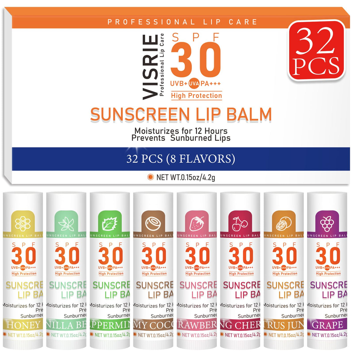VISRIE bálsamo labial SPF30, aplicación clara para uso diario bajo el sol.