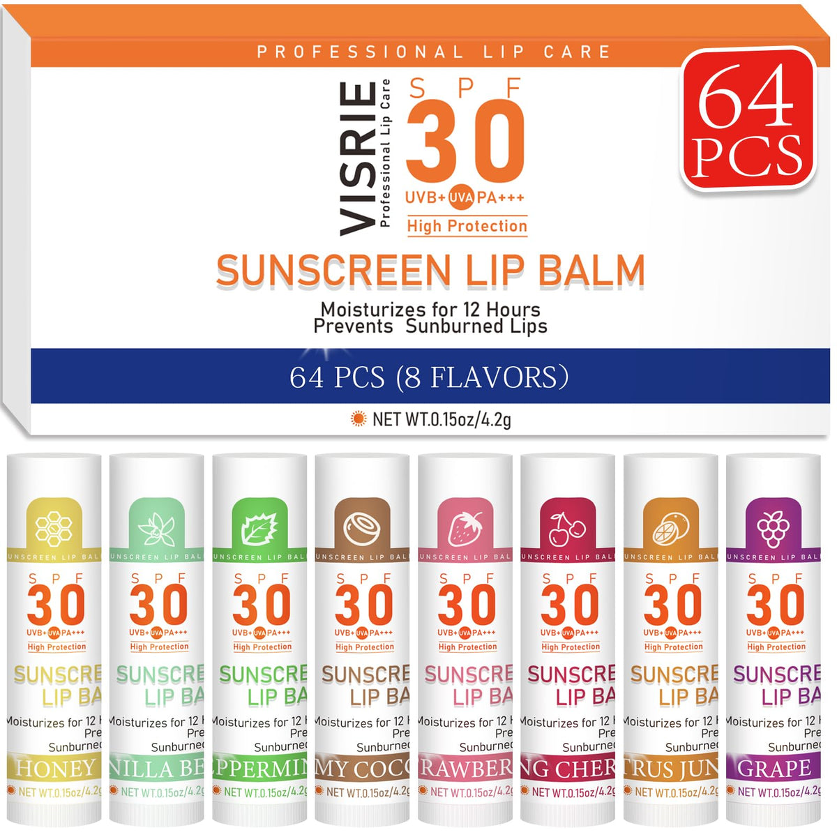 Bálsamo labial VISRIE SPF30 bulk, aplicación rápida y protección solar al aire libre.