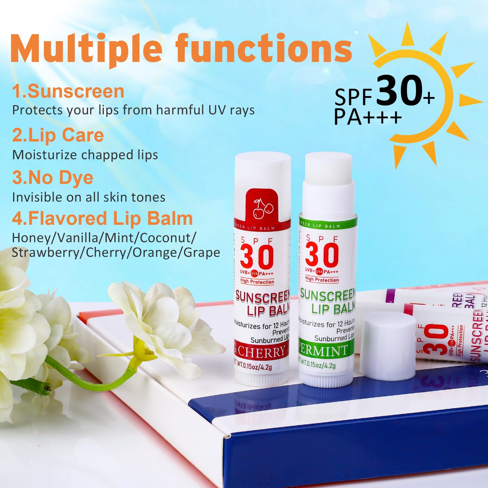 Bálsamo VISRIE SPF30 con vitamina E y coco para labios hidratados.