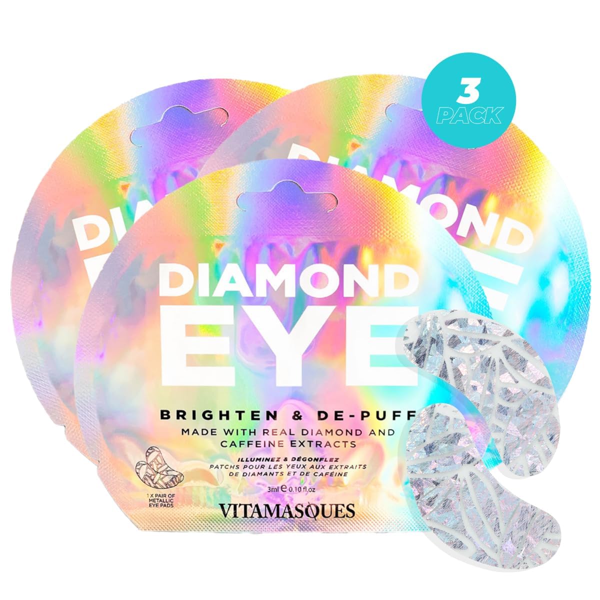 Vitamasques Parches Oculares Diamante, empaque elegante para refrescar ojos cansados.