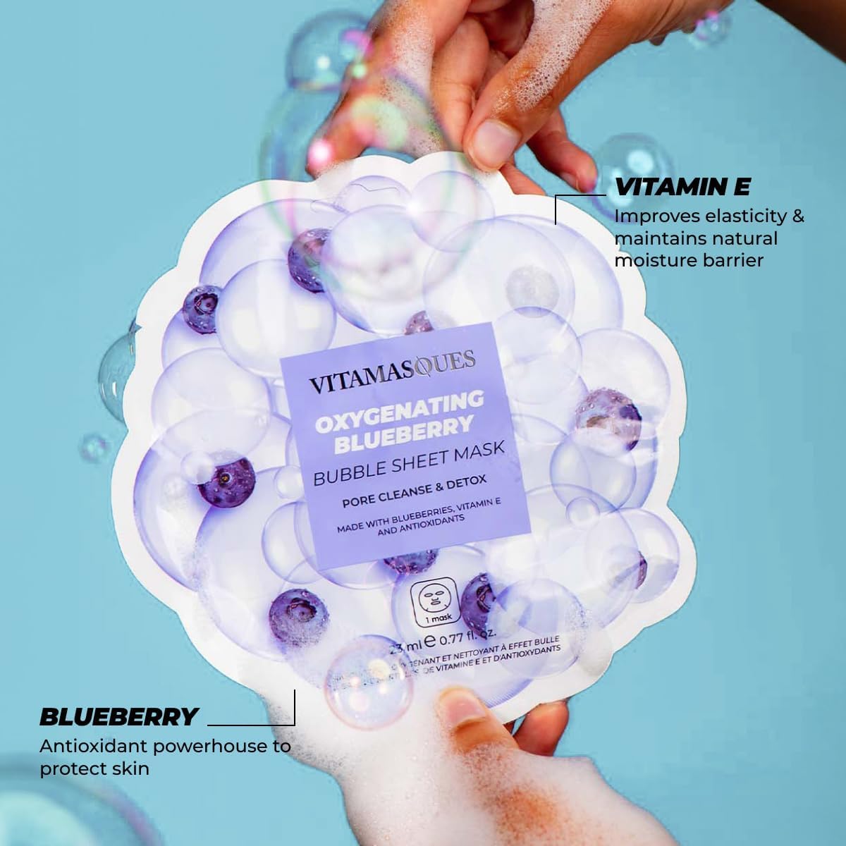 Vitamasques mascarilla burbujas arándano con exfoliante suave para piel renovada.