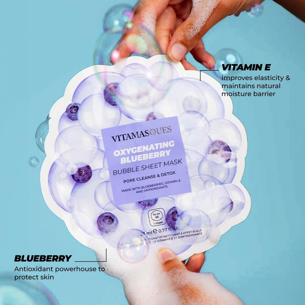 Vitamasques mascarilla burbujas arándano con exfoliante suave para piel renovada.