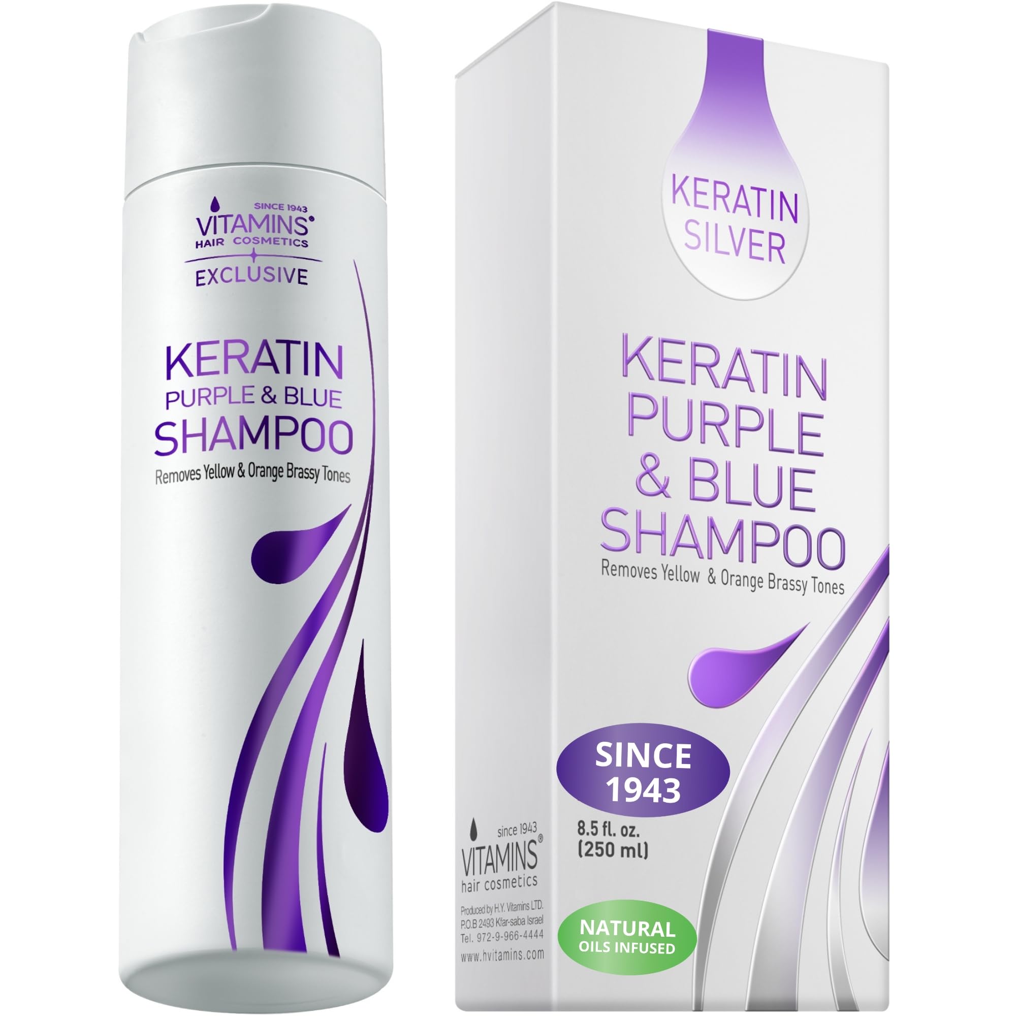 VITAMINS champú keratina morado para rubios, botella vertiendo, neutraliza tonos y protege el color.