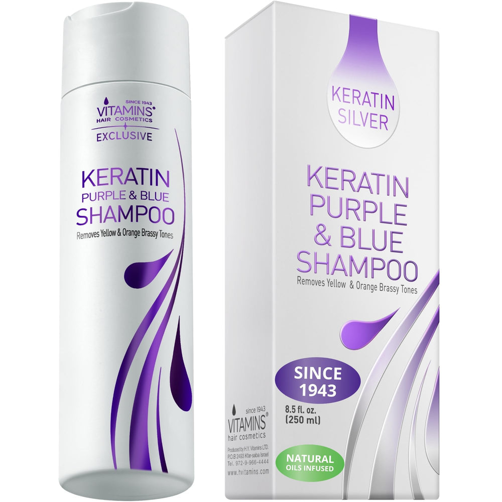 VITAMINS champú keratina morado para rubios, botella vertiendo, neutraliza tonos y protege el color.