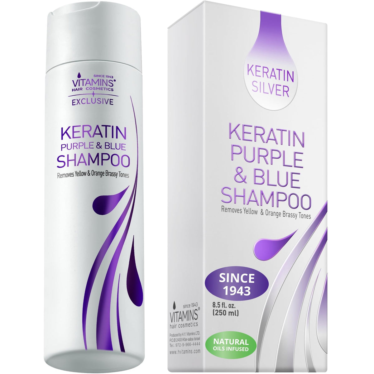 VITAMINS champú keratina morado para rubios, botella vertiendo, neutraliza tonos y protege el color.