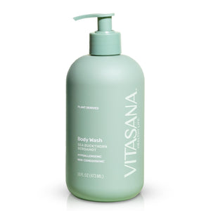 Vitasana botella de jabón corporal con espino amarillo y bergamota, ideal para piel sensible.