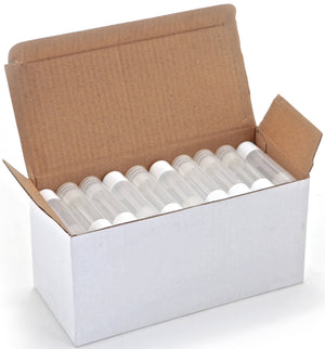 Vivaplex 50 tubos transparentes de 5,5 ml con tapas blancas para bálsamo labial seguro y cómodo.