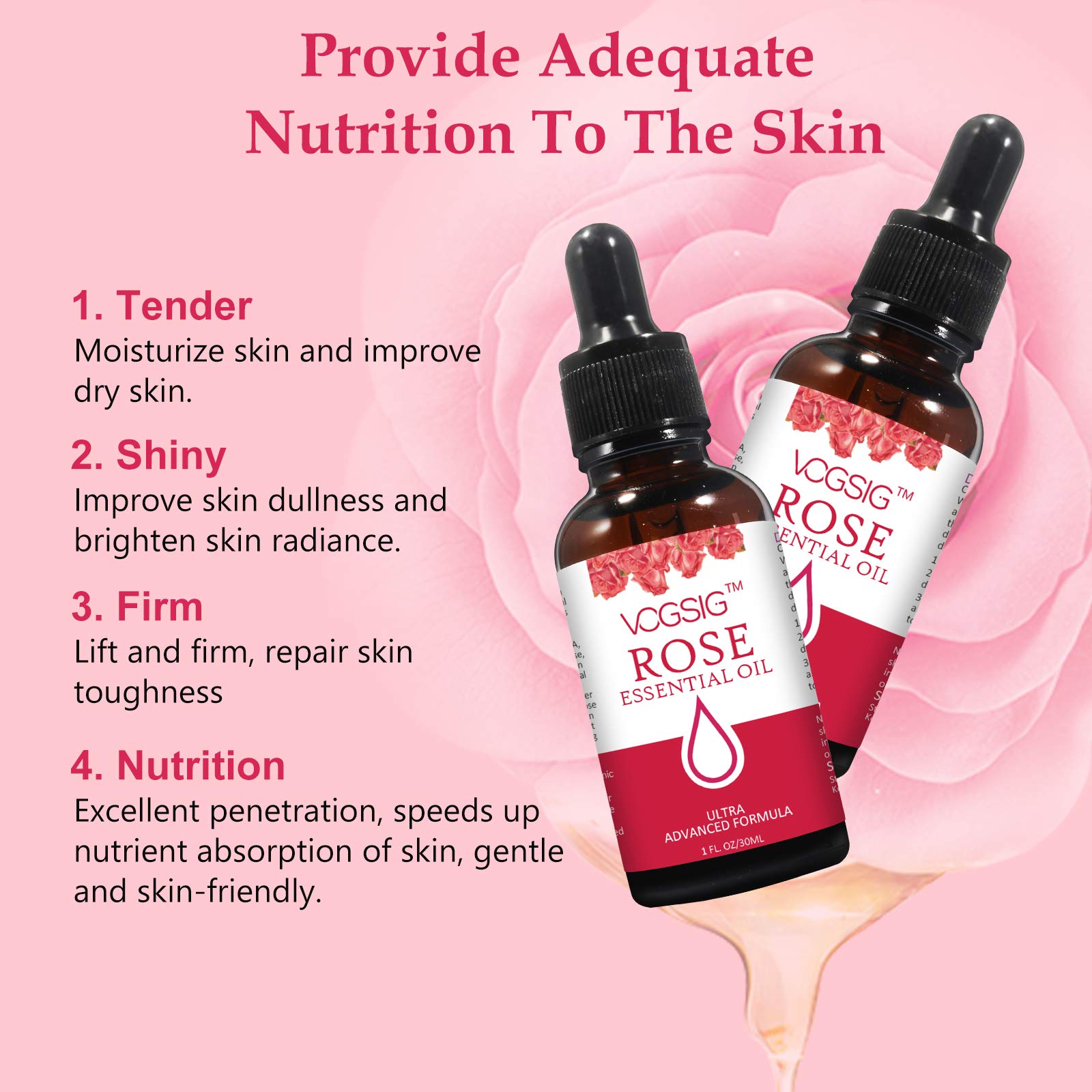 VOGSIG Aceite Esencial de Rosa con absorcion rápida para piel suave.