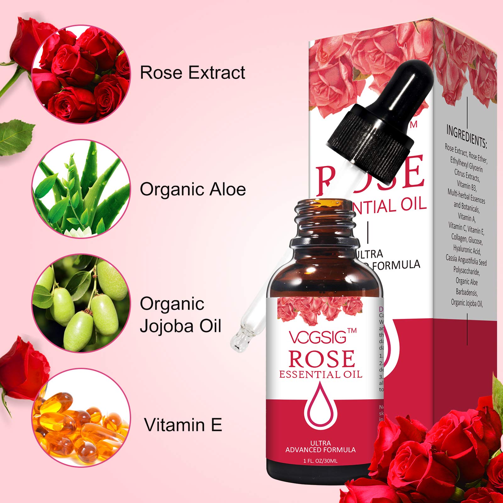 VOGSIG Aceite Esencial de Rosa para aromaterapia relajante.