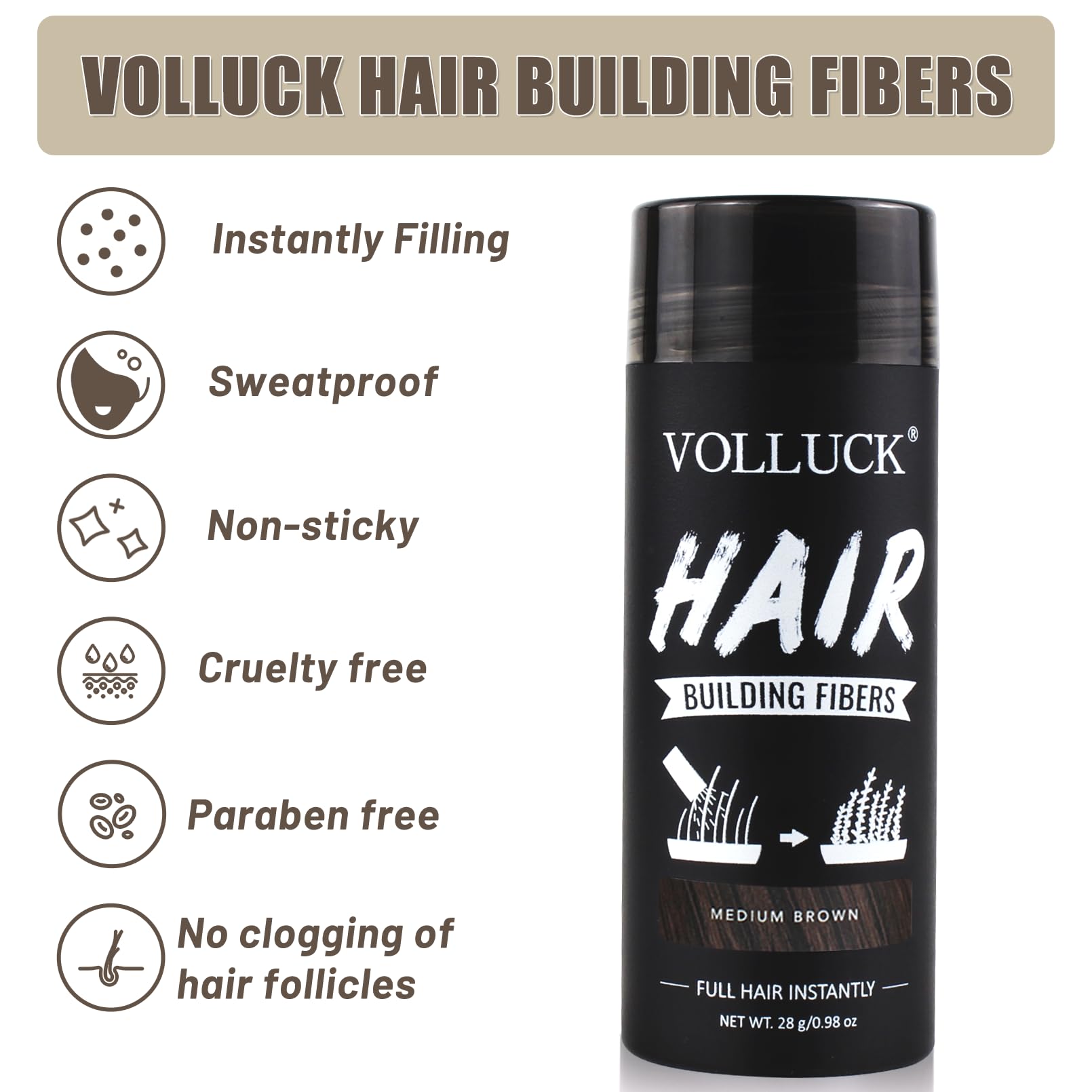 VOLLUCK Fibras Capilares: resultado natural y cómodo para uso diario.