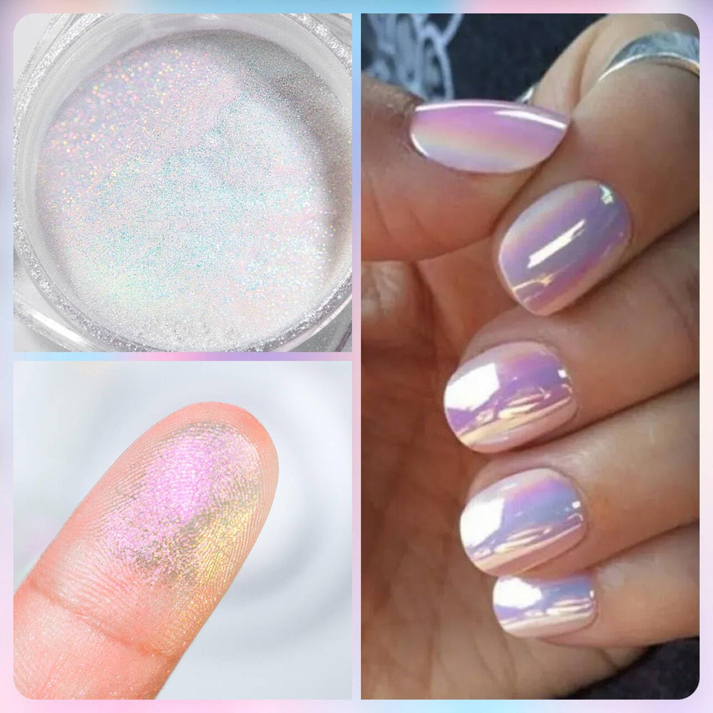Vonrui polvo sirena iridiscente para acabado luminoso en uñas.