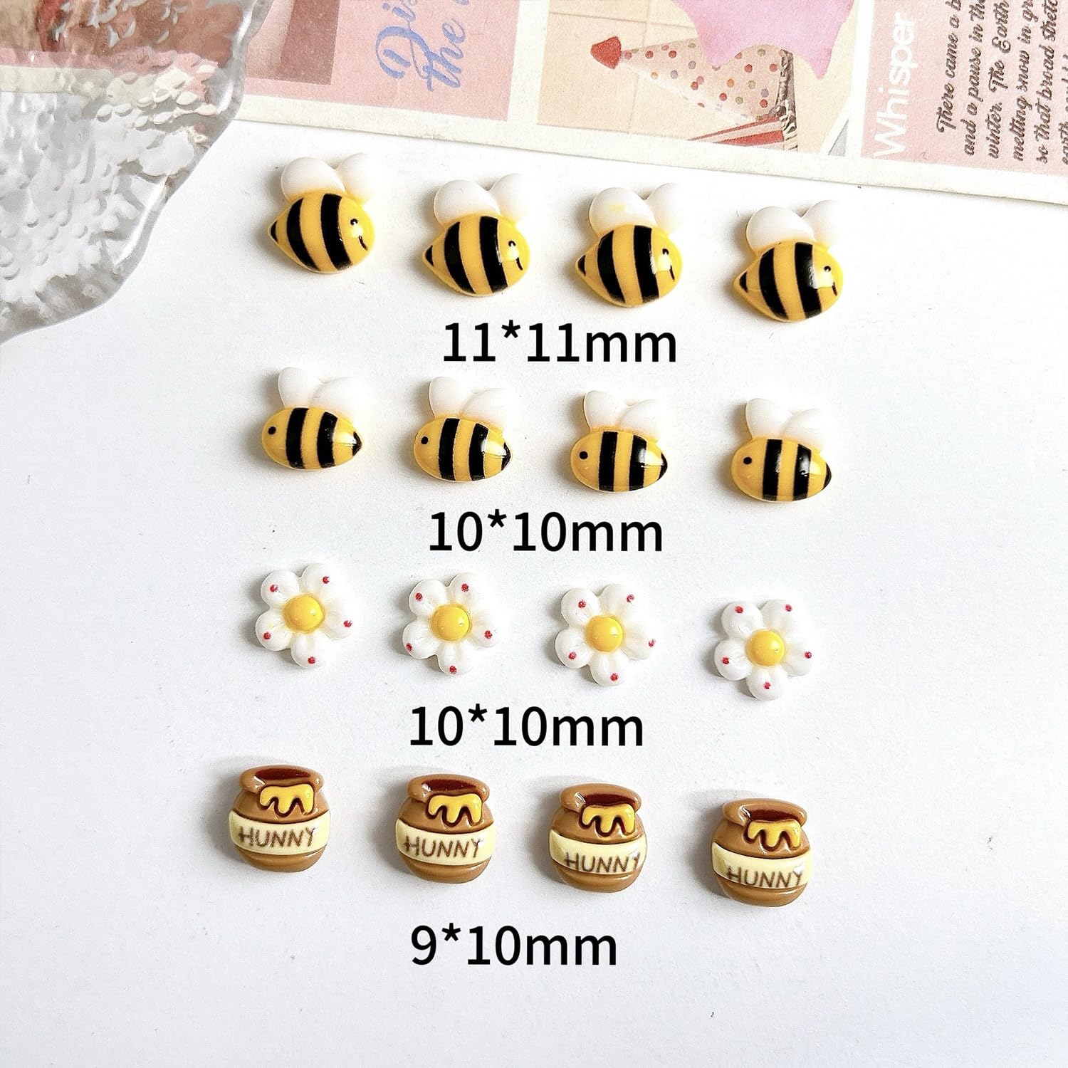 Charms 3D para uñas de abeja y flor, fijación simple con pegamento.