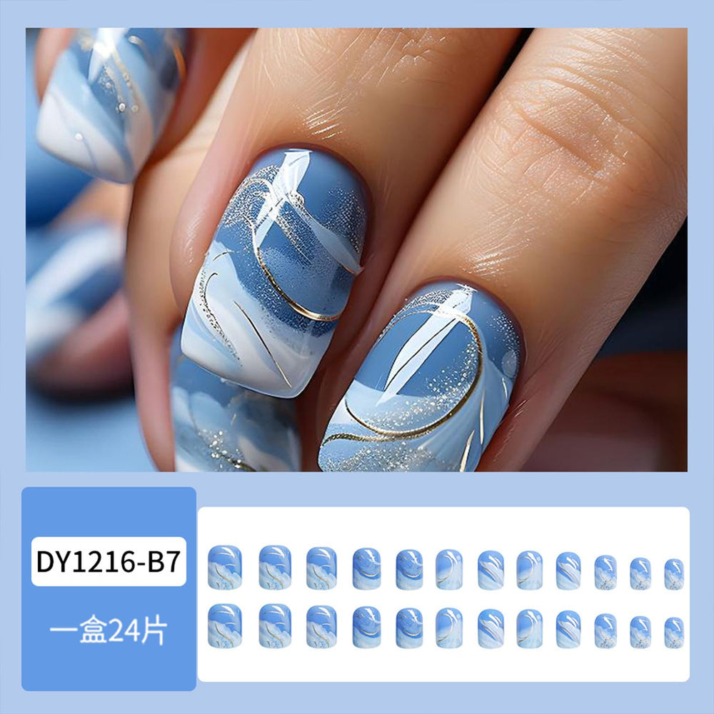 Uñas postizas Vopintpy diseño ombre azul-blanco, corta y cuadrada, ideal para bodas y fiestas