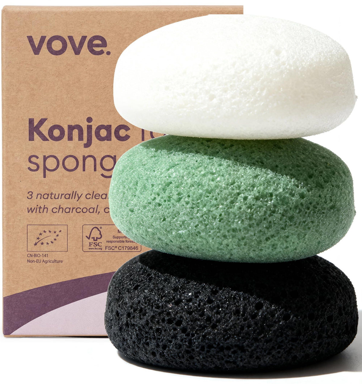 Esponjas Vove Konjac paquete tres, limpieza suave diaria para todo tipo de piel.