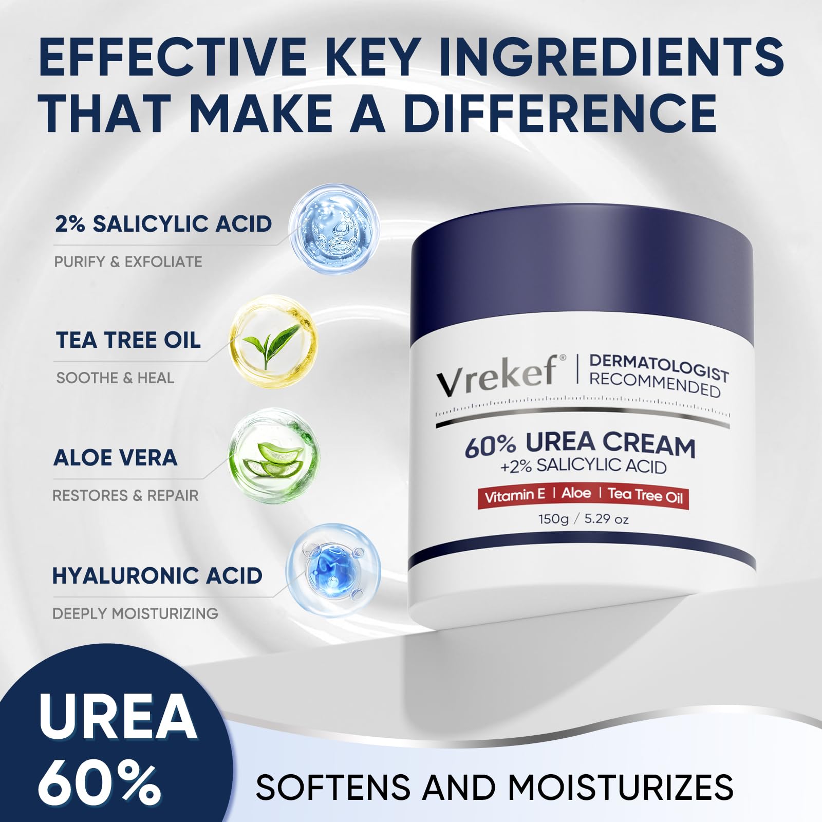 Crema VREKEF Urea 60% para manos, ayuda a suavizar piel áspera.