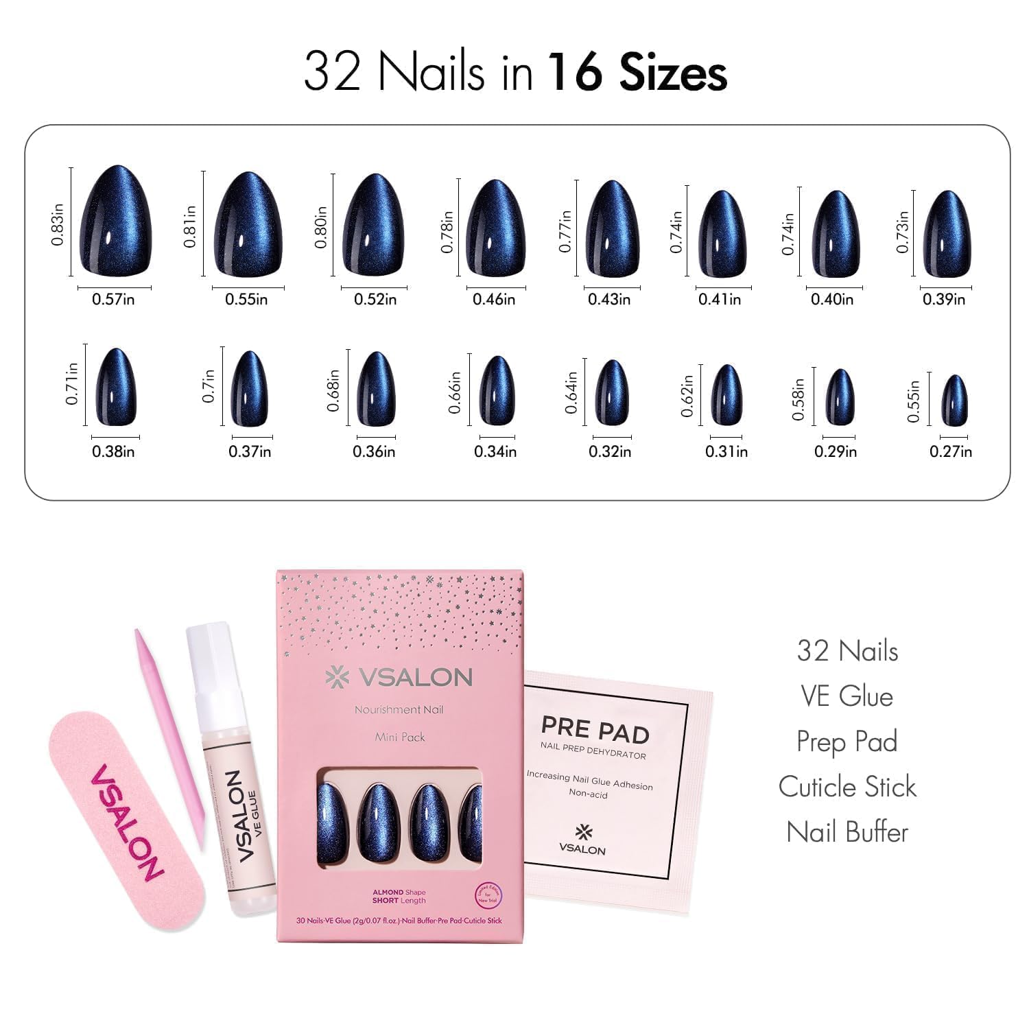 VSALON Almond Short, kit de 32 uñas prensadas con 16 tallas para ajuste natural