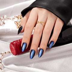 VSALON Almond Short, uñas prensadas con efecto ojo de gato azul oscuro para manicura de salón