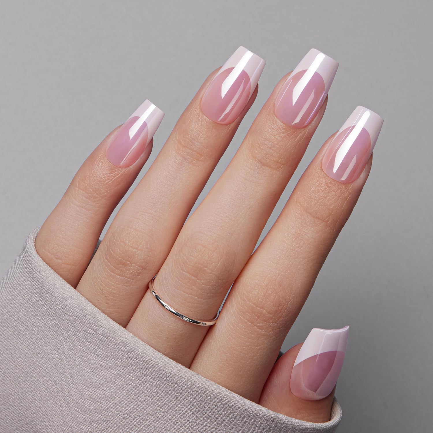 VSALON uñas postizas corto forma-ataud rosa francesa con brillo de salón