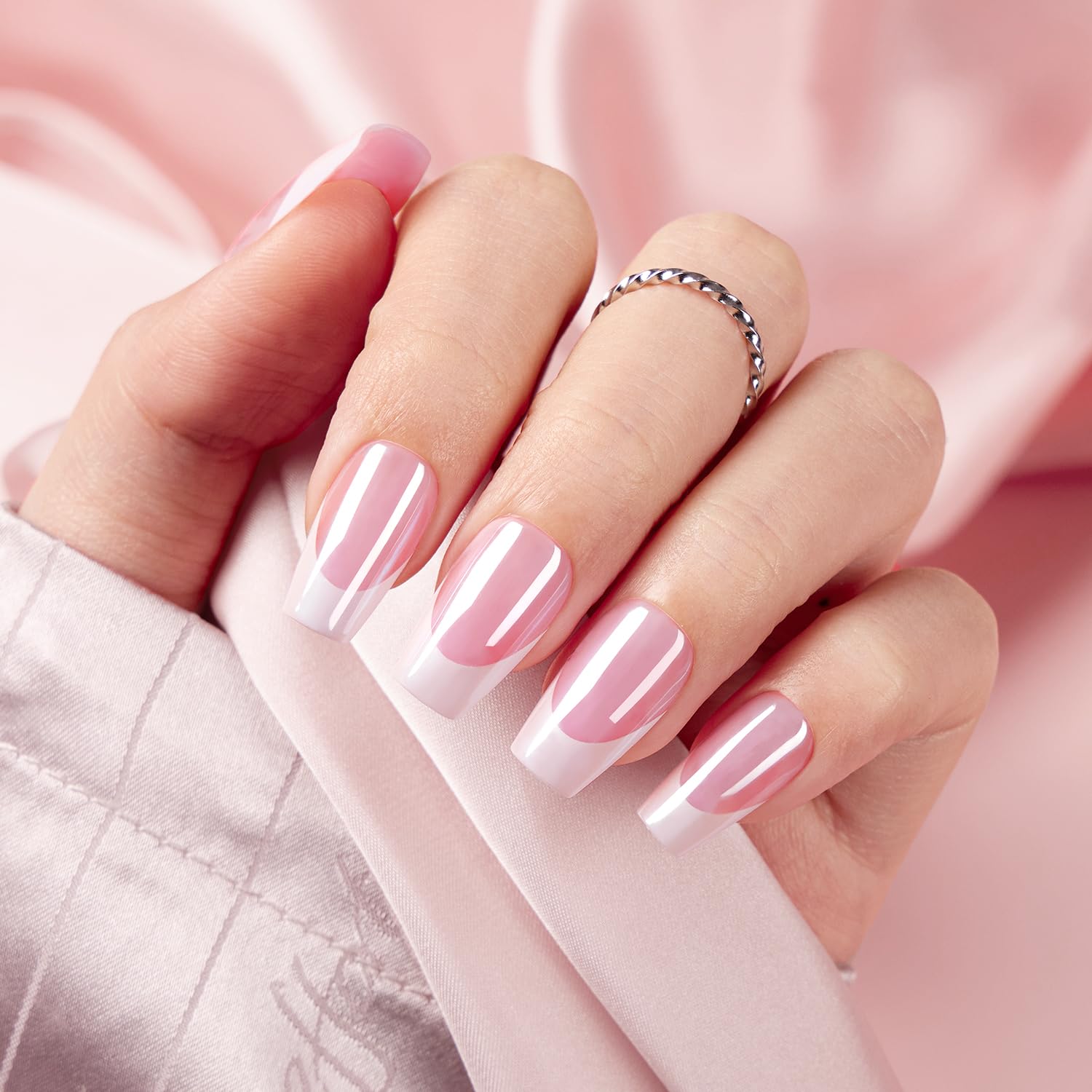 VSALON uñas postizas cromadas rosa francesa con brillo intenso