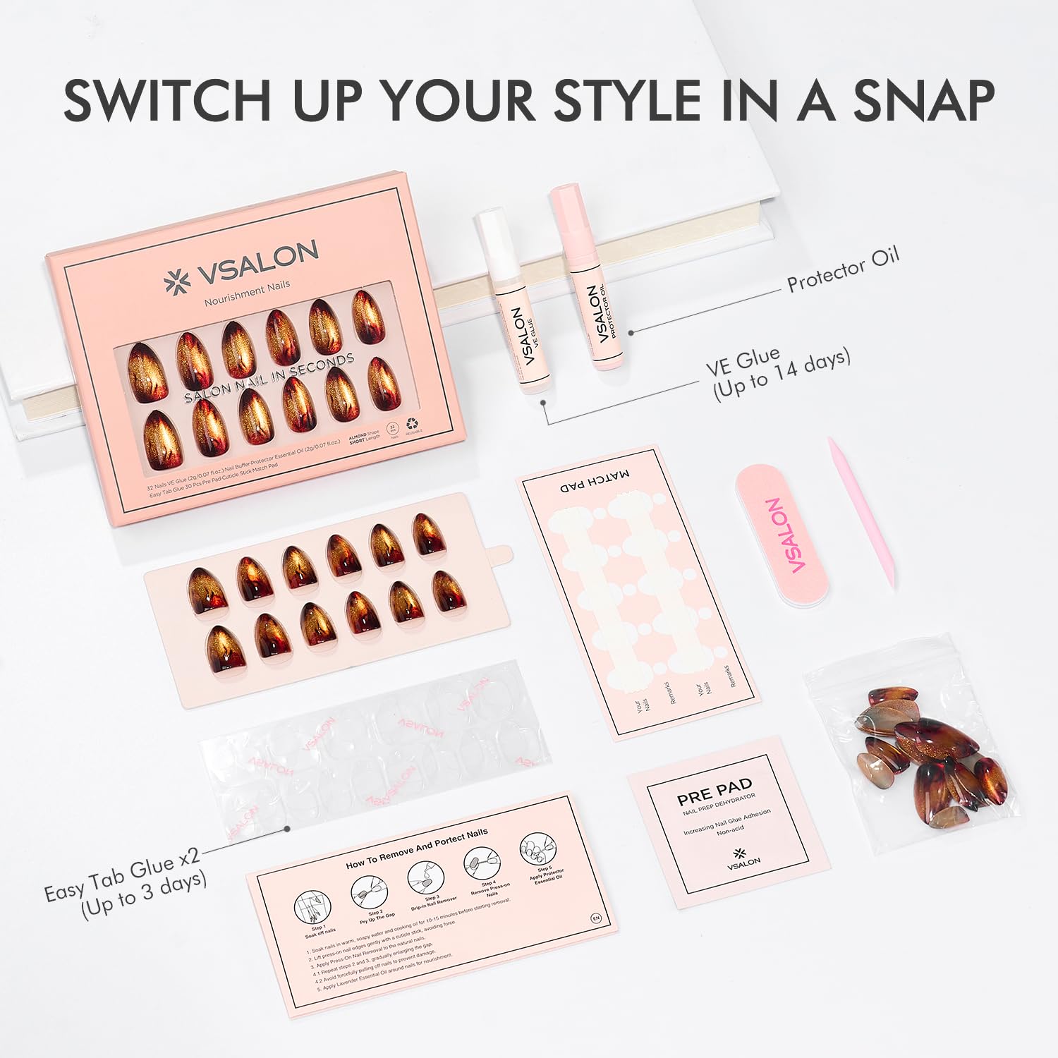 VSALON Uñas Short Almond ofrece 16 tallas para un ajuste cómodo.