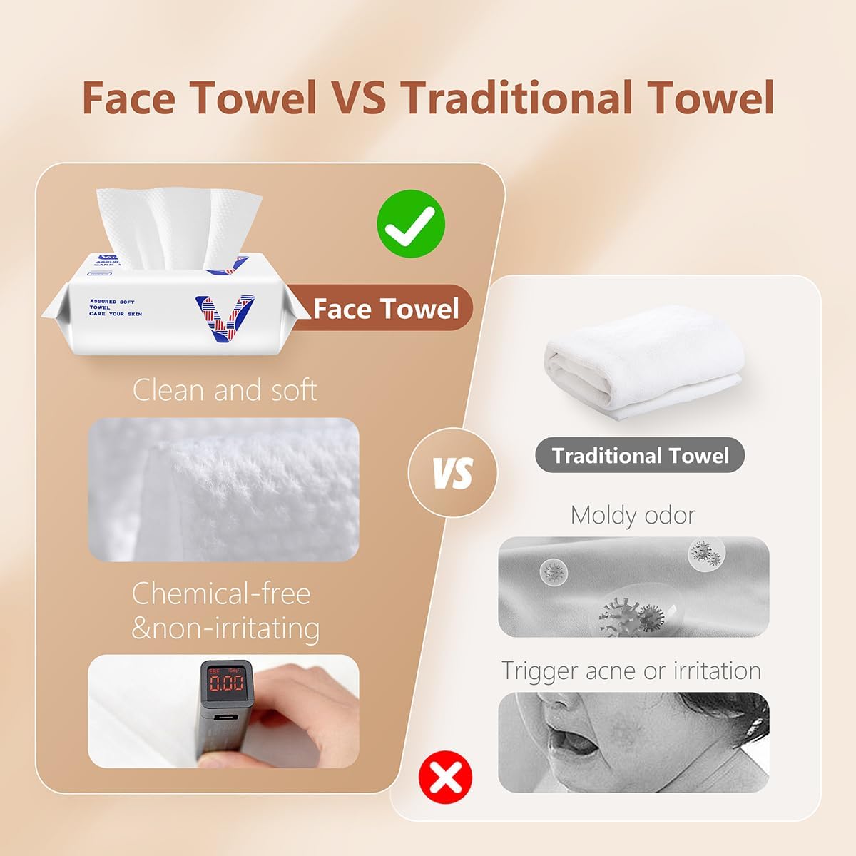 Toalla facial Vuacepe de doble textura, lado suave y lado perlado para limpieza profunda.
