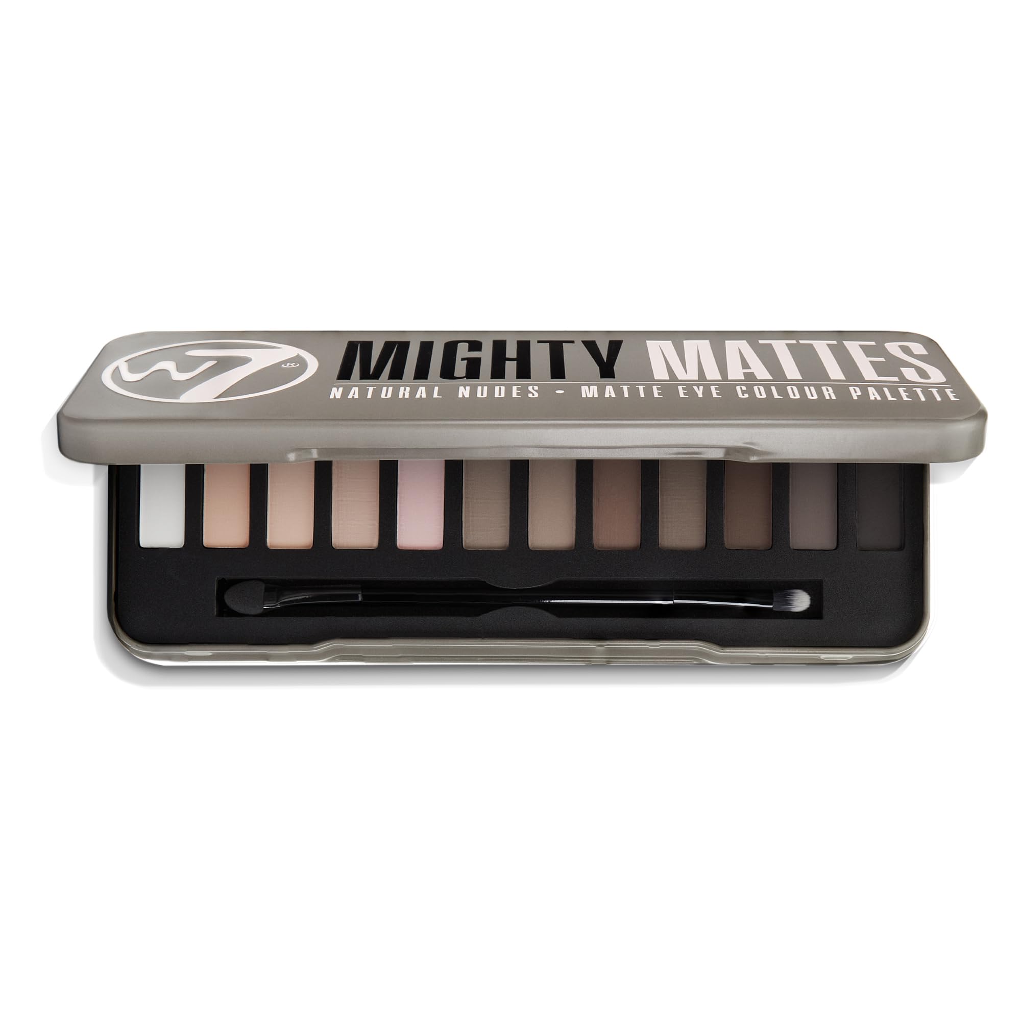 Sombra de ojos W7 Mighty Mattes: primer plano de tonos neutros para uso diario.