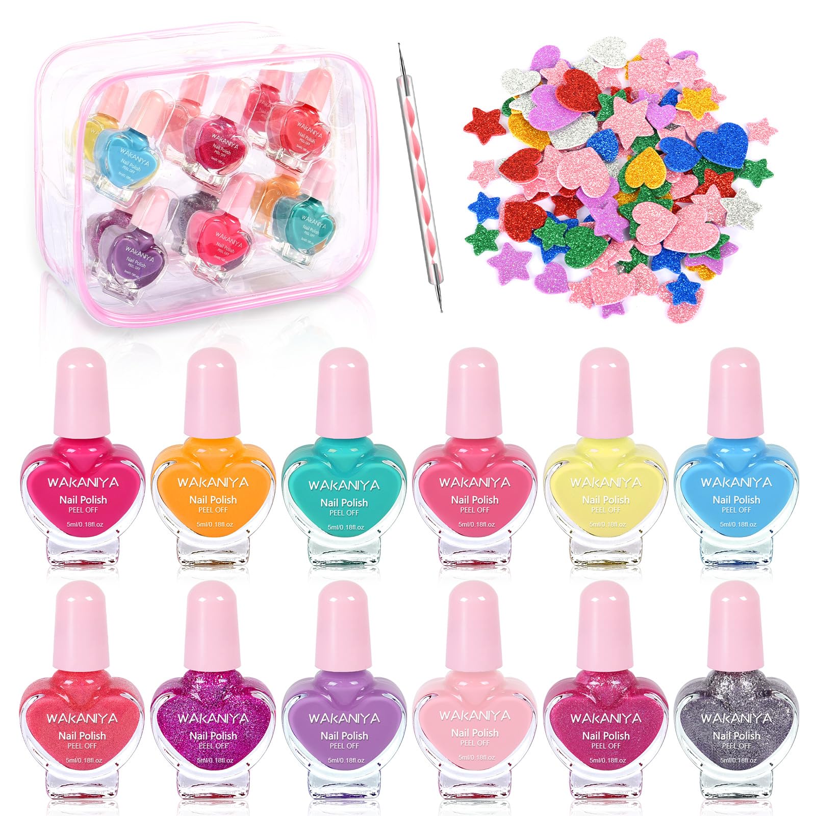 wakaniya set uñas niñas 12 colores con corazones para diversión creativa