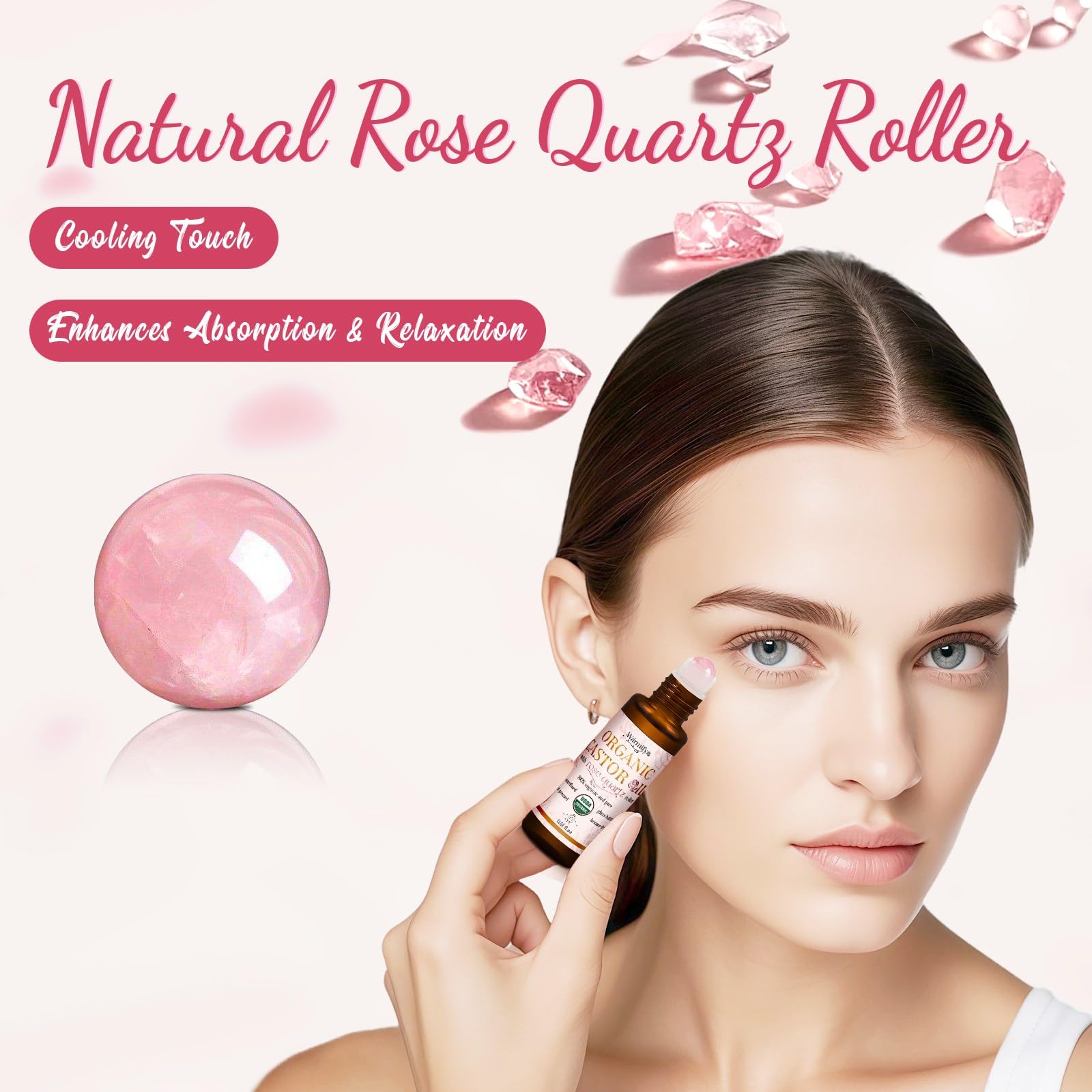 Warmify aceite de ricino con rodillo de cuarzo rosado para cara: hidratación y brillo natural