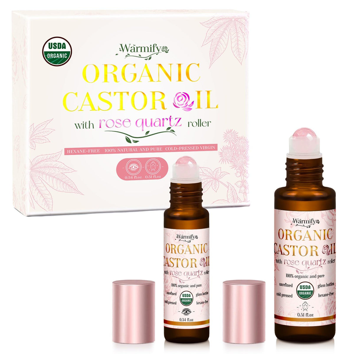 Warmify aceite de ricino con rodillo de cuarzo rosado para ojos: frescura suave y cuidado