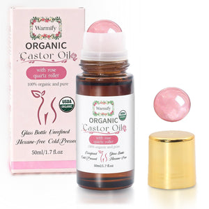 Warmify aceite de ricino orgánico con rodillo de cuarzo rosa para hidratar y relajar la piel