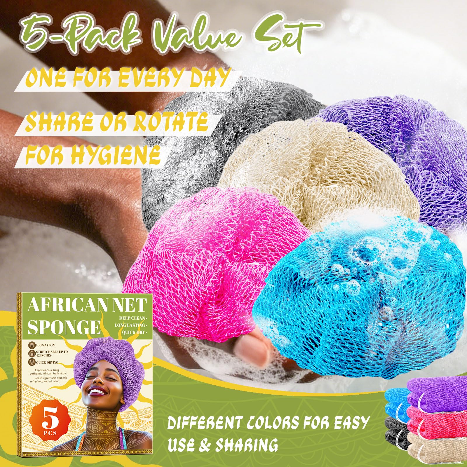 Warmify conjunto de cinco esponjas africanas en colores variados para uso diario.