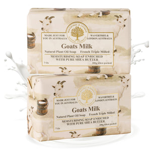 Jabón de leche de cabra Wavertree London con empaque italiano embosado para regalo.