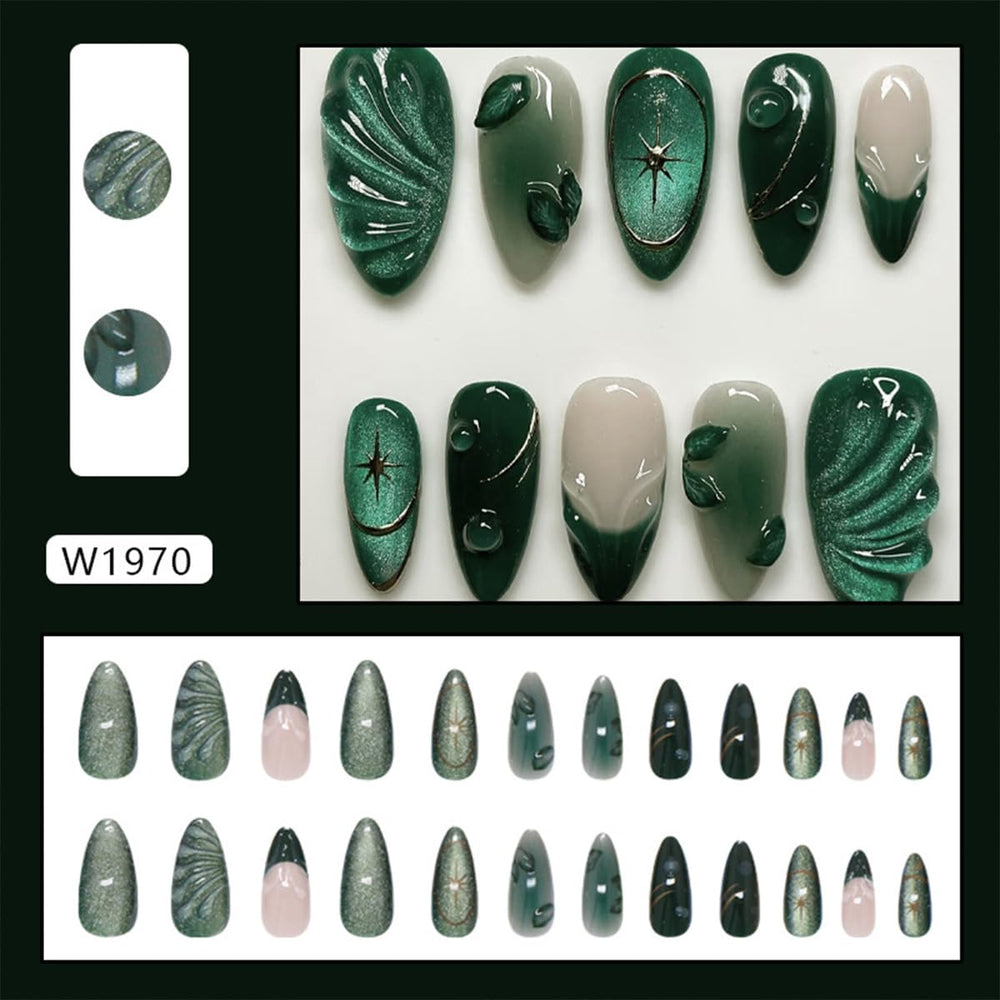Uñas acrílicas WBRRFJJ verdes con hojas 3D y brillo duradero.