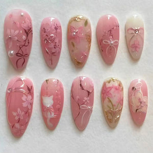 Uñas postizas WBRRFJJ flores rosas, forma almendra, brillo duradero.