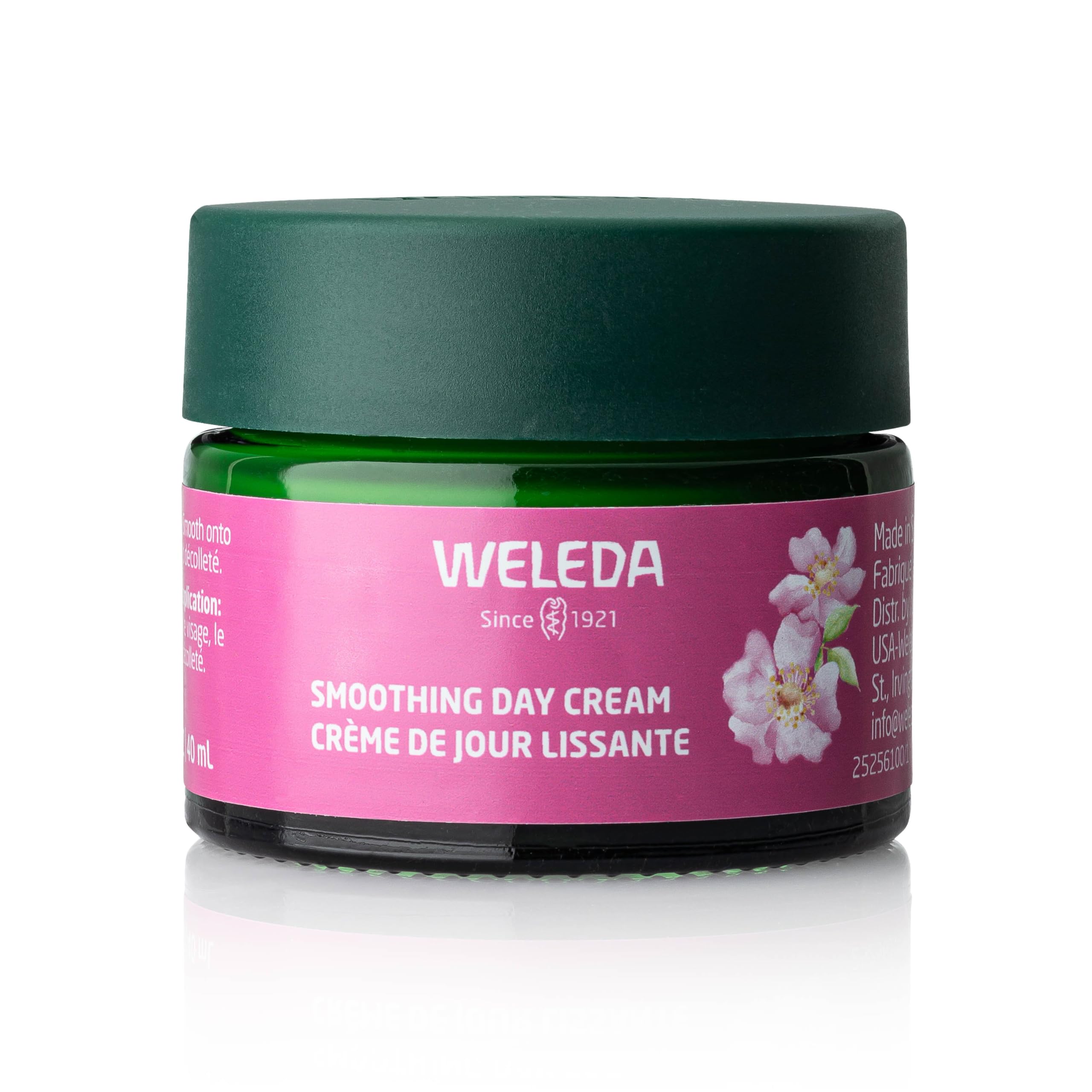 Weleda crema de día suavizante, bote visible; hidratación duradera para piel seca.