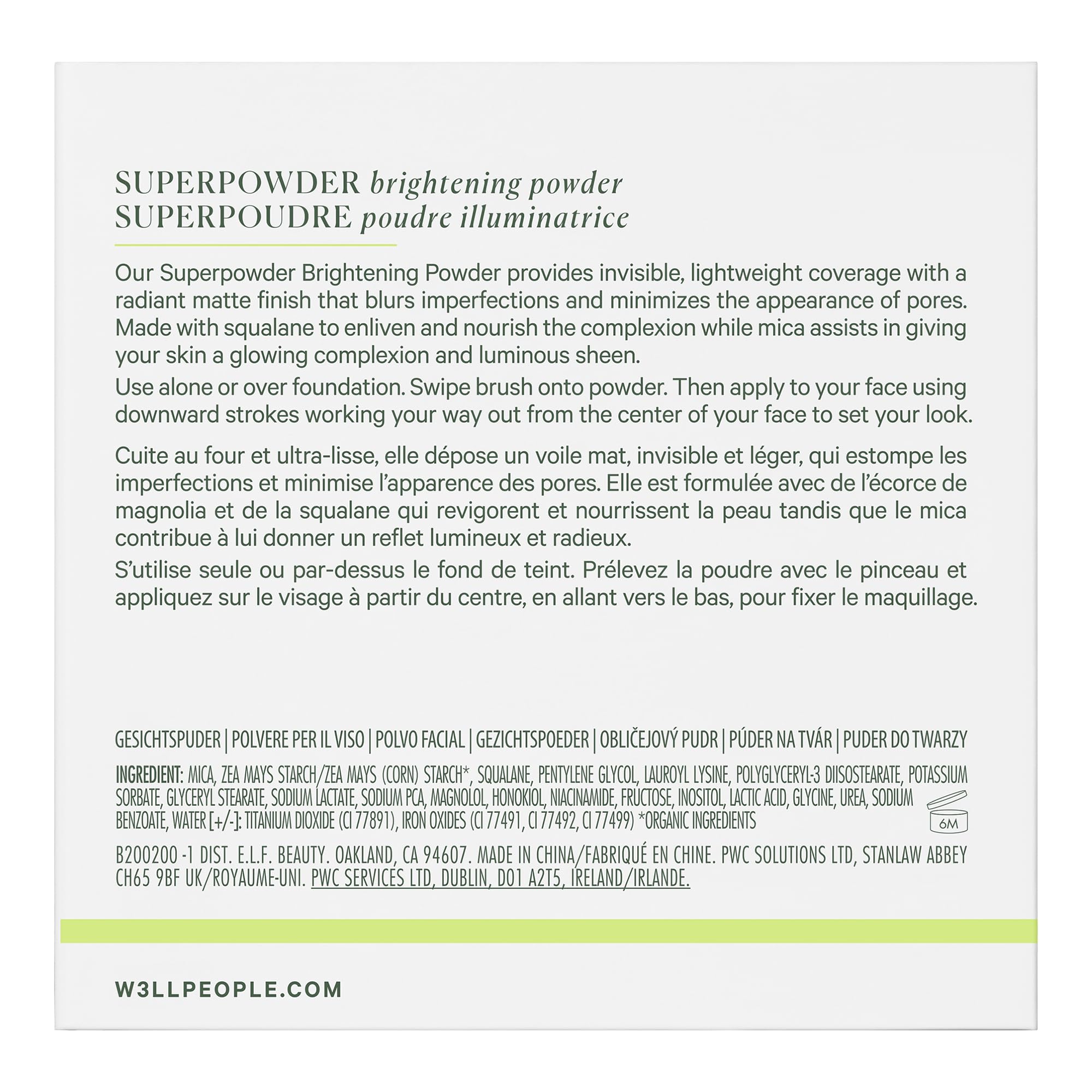 Ingredientes vegetales de Well People Superpowder, incluyendo squalane y almidón.