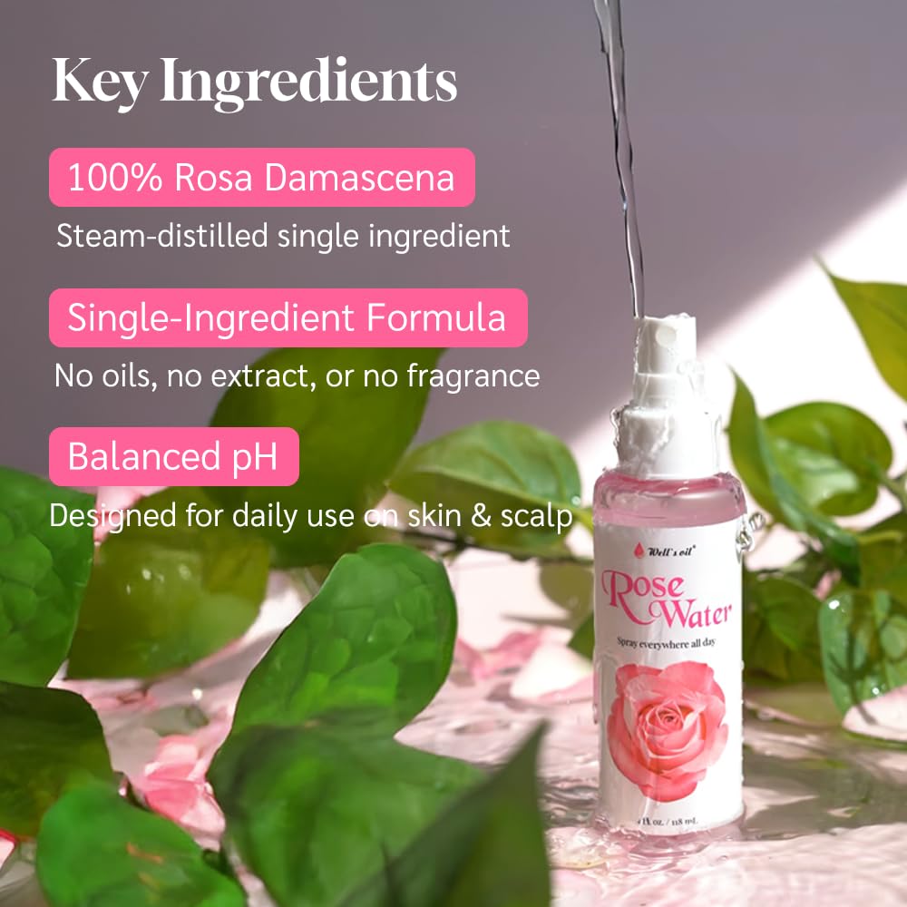Well's Oil Rosewater aplicación pulverizador, facilita retoques diarios