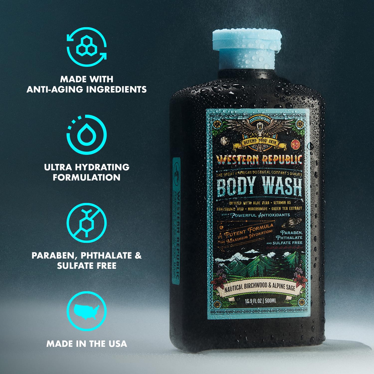 Gel de baño Western Republic con fragancia salvia alpina para despertar los sentidos