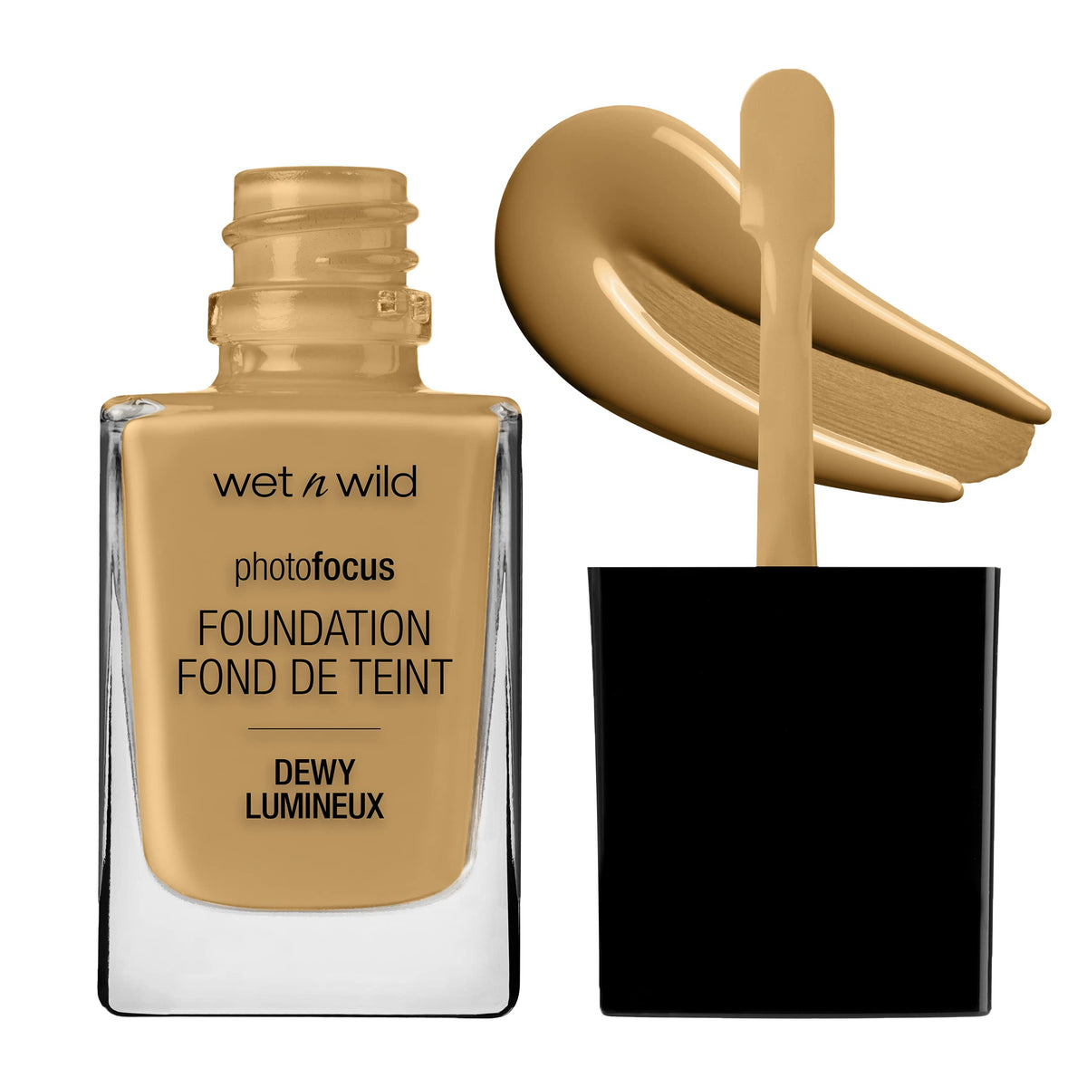wet n wild: enfoque en frasco de fundación líquida brillante caramelo, acabado hidratante.