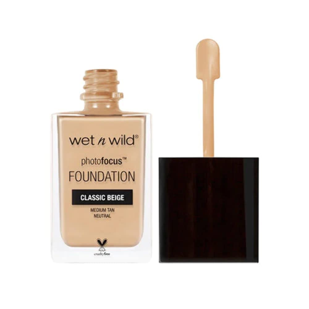 wet n wild Photo Focus fundación líquida mate, botella, acabado suave para fotos.