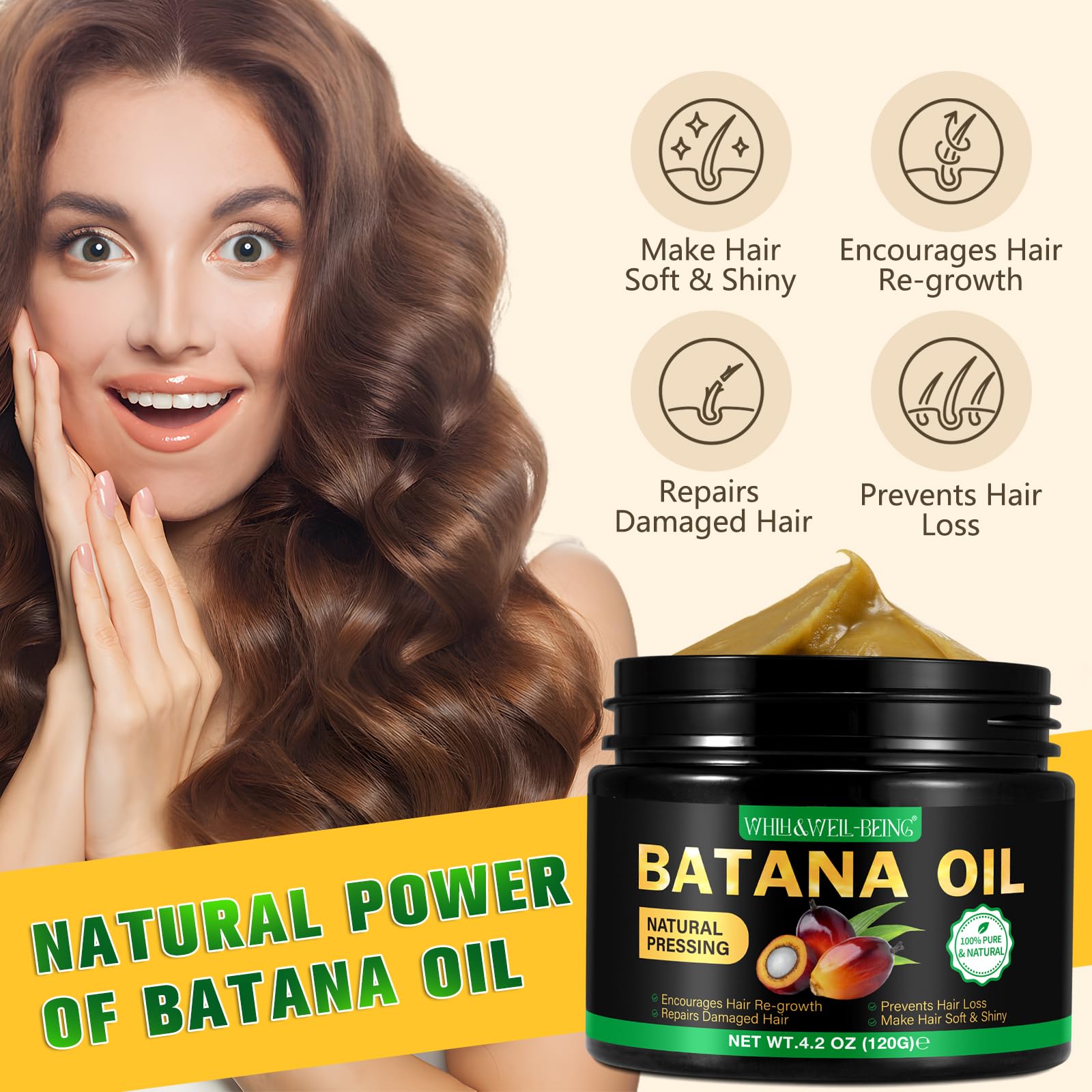 WHLH WELL-BEING Batana Oil, aplicación suave, fortalece el cabello y facilita el peinado