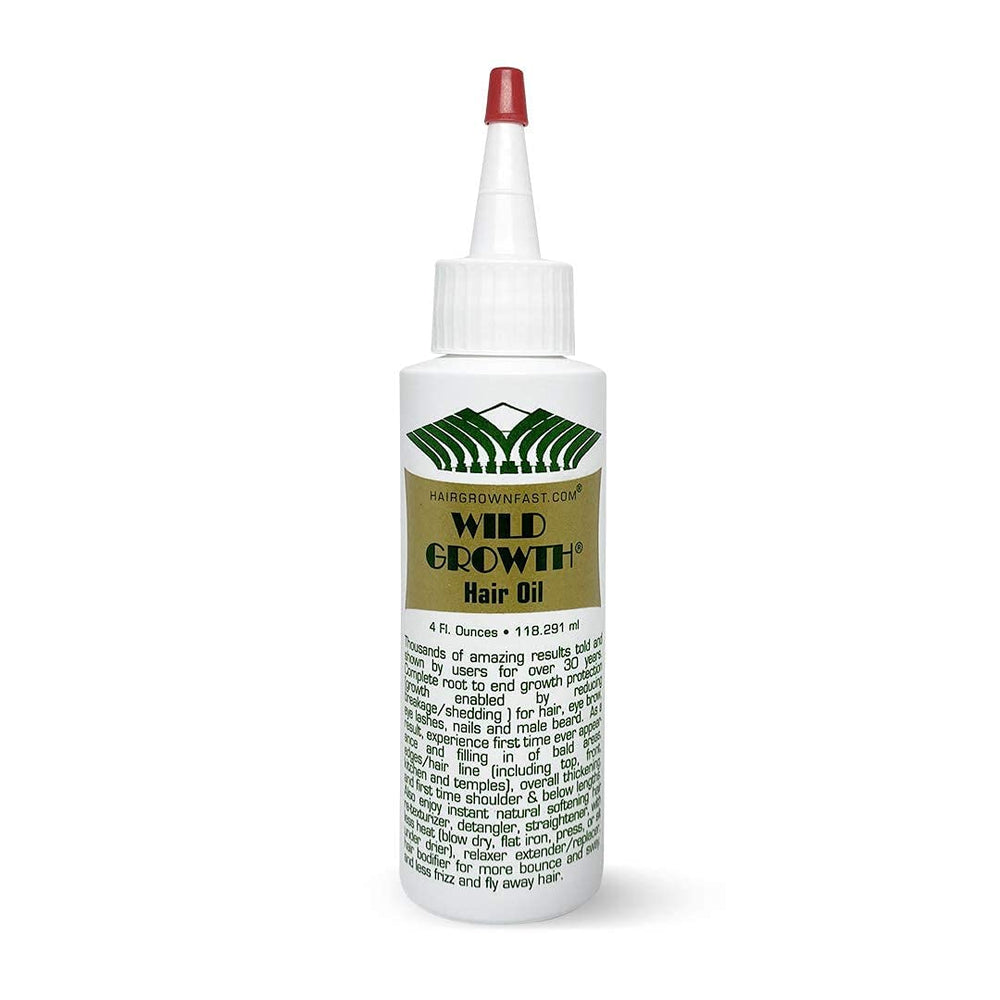 Wild Growth Aceite capilar en frasco para hidratación profunda y cabello suave.