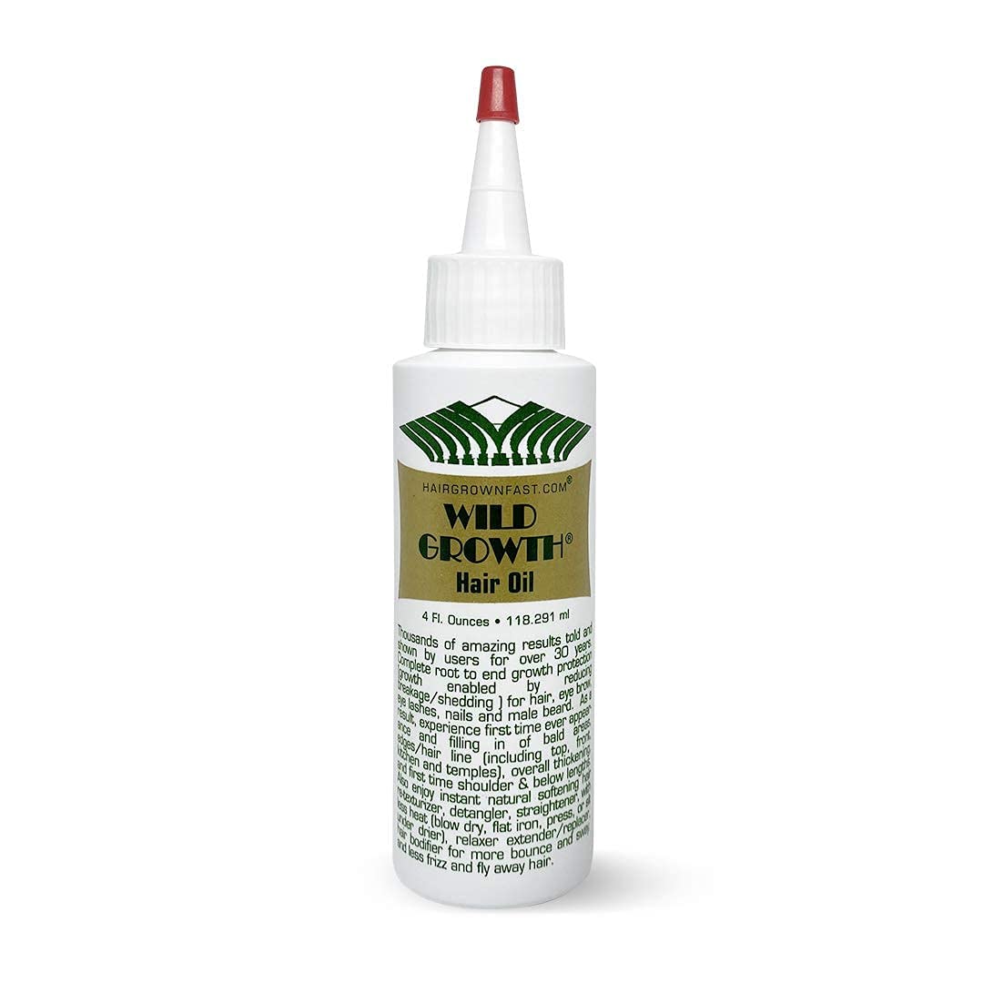 Wild Growth Aceite capilar en frasco para hidratación profunda y cabello suave.