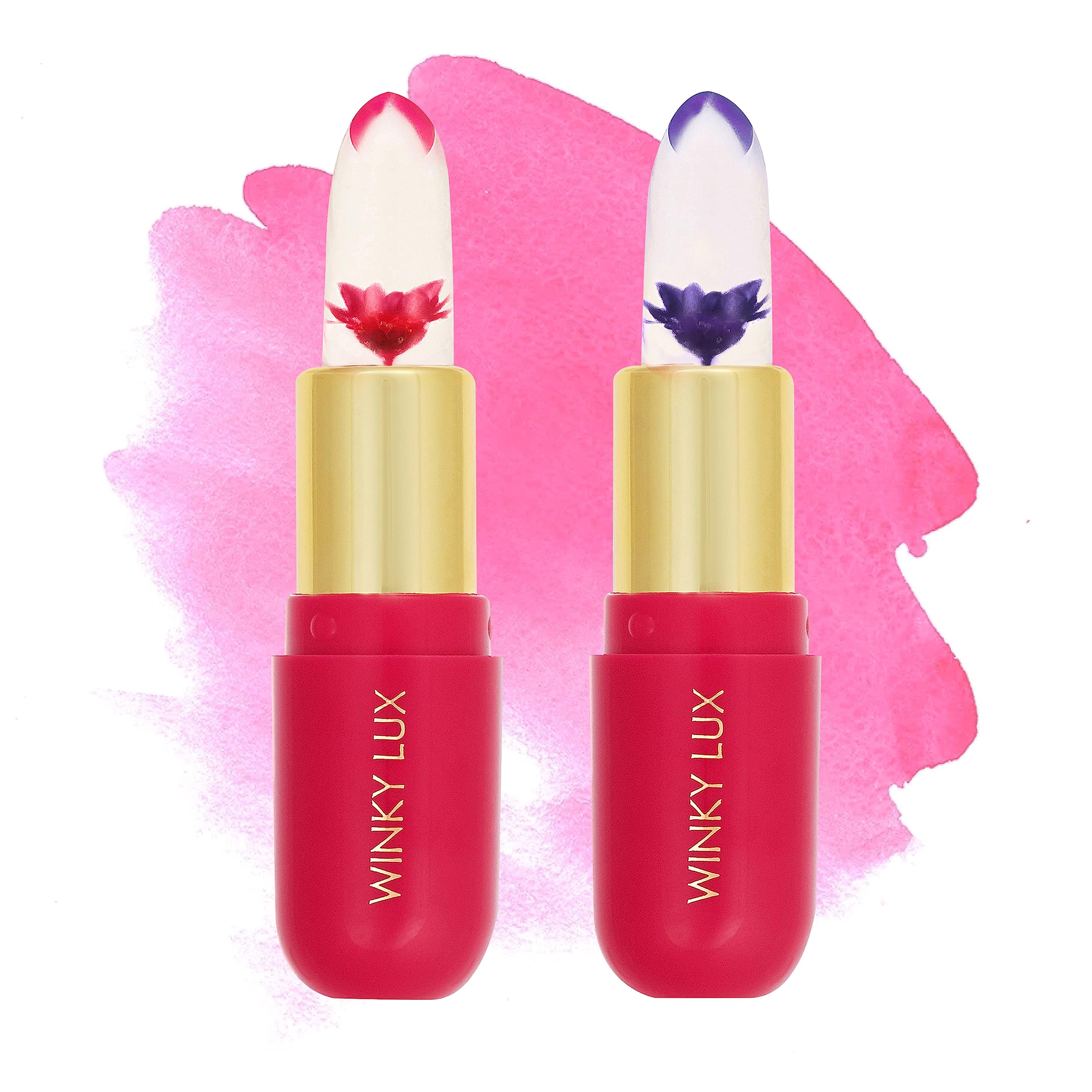 Winky Lux Balsamo Floral con flor de crisantemo visible, tono rosado personalizado para labios.
