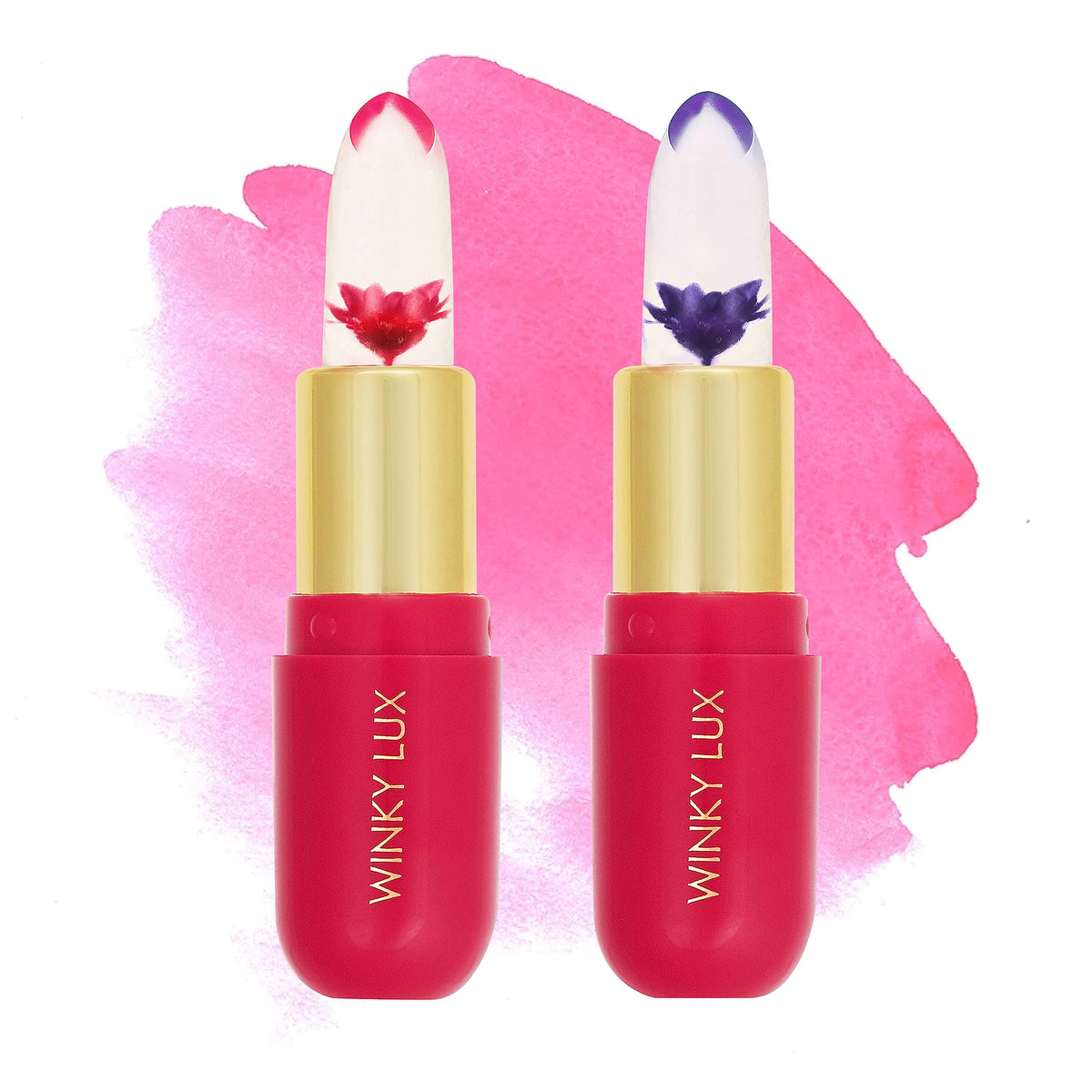 Winky Lux Balsamo Floral con flor de crisantemo visible, tono rosado personalizado para labios.