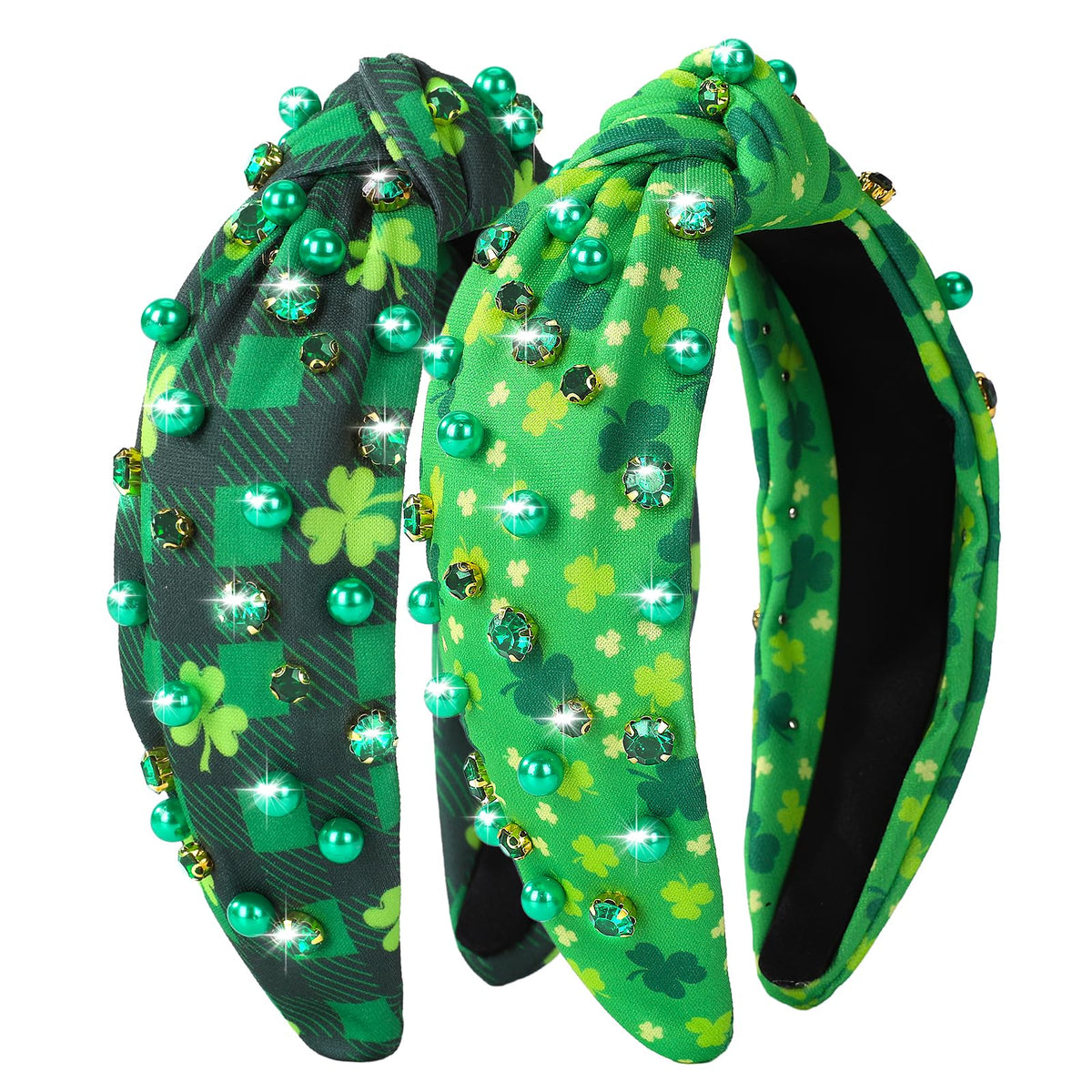 Diadema Winthrop para San Patricio con trébol verde, perlas y cristales luminosos.
