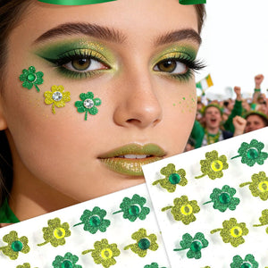 Gemas faciales WIWUFUE trébol verde con brillo dorado, ideal para maquillaje de fiesta.