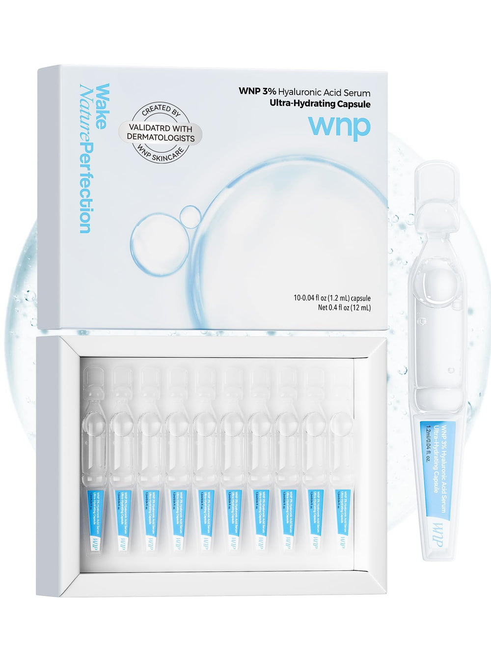 Sérum de WNP 3% hialurónico en viales de uso único para hidratación profunda.