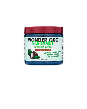 Wonder Gro Bergamot con manteca de karité en botella, hidratación profunda para cabello y cuero cabelludo.