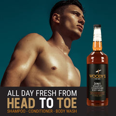 Woodys limpieza fresca para cabello y piel con aroma vigorizante.